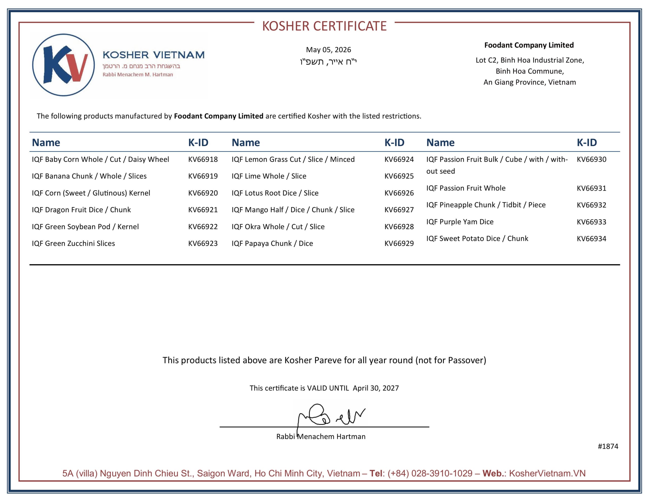 KOSHER CERTIFICATE